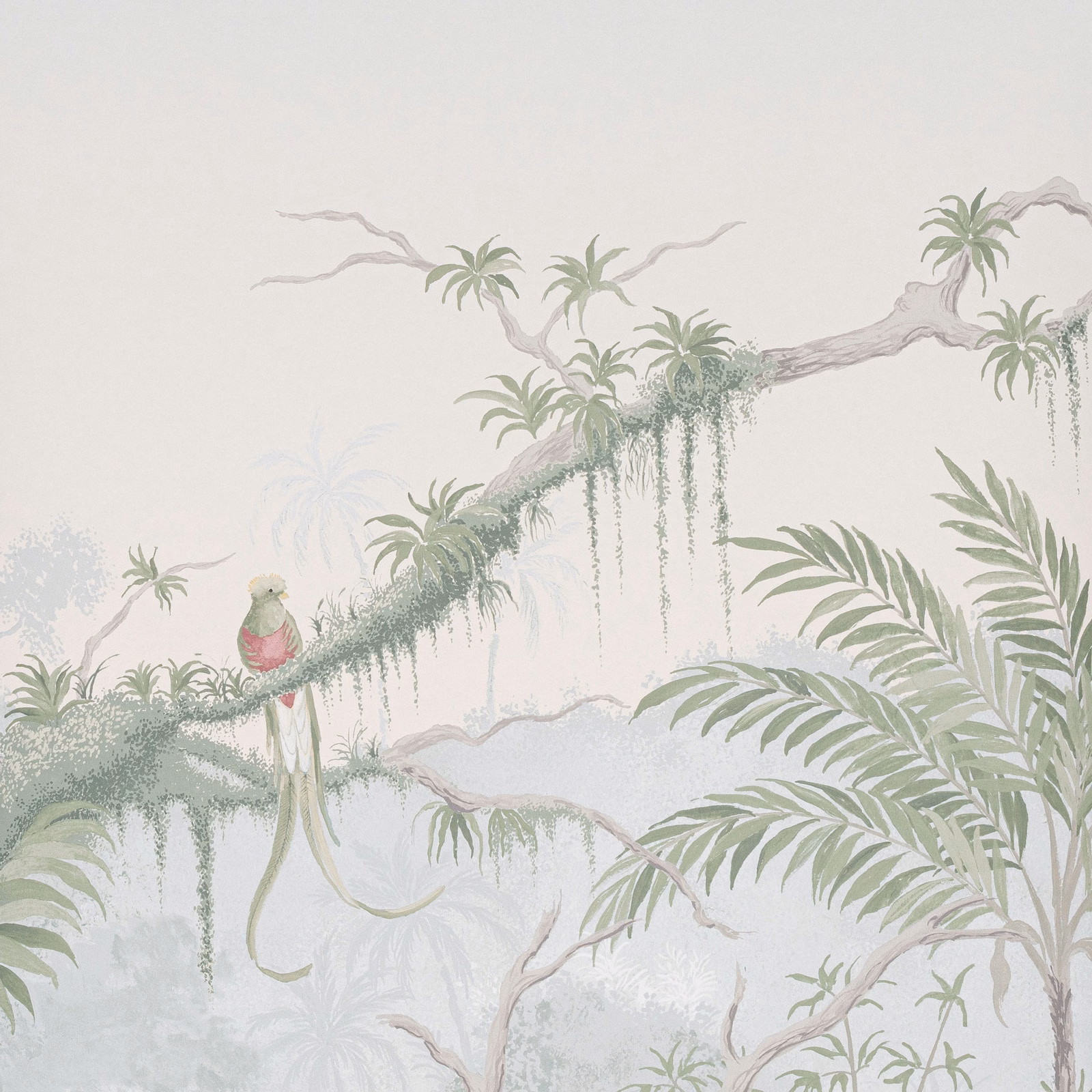 Muted grey-green jungle wallpaper with palms, trailing vines, perched bird and taupe branch