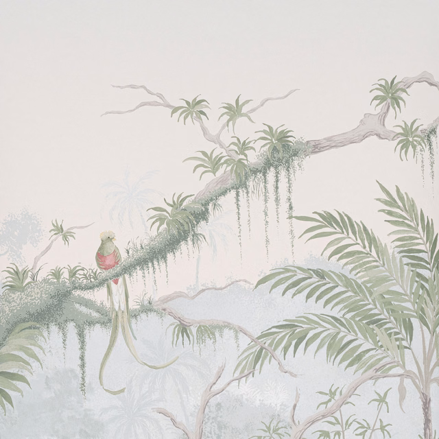 Muted grey-green jungle wallpaper with palms, trailing vines, perched bird and taupe branch