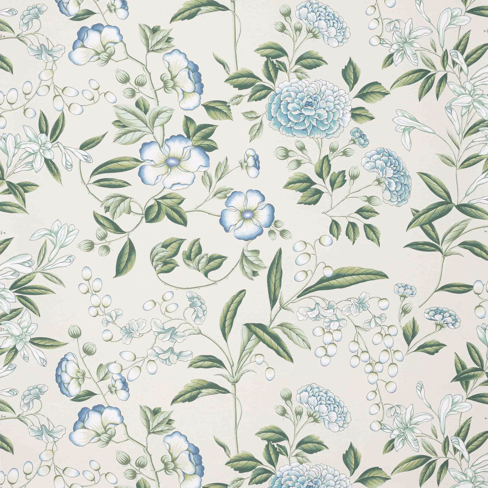 Pale aqua wallpaper with blue flowers, green leaves and delicate botanical stems