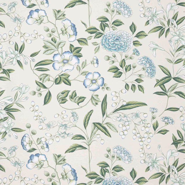 Pale aqua wallpaper with blue flowers, green leaves and delicate botanical stems