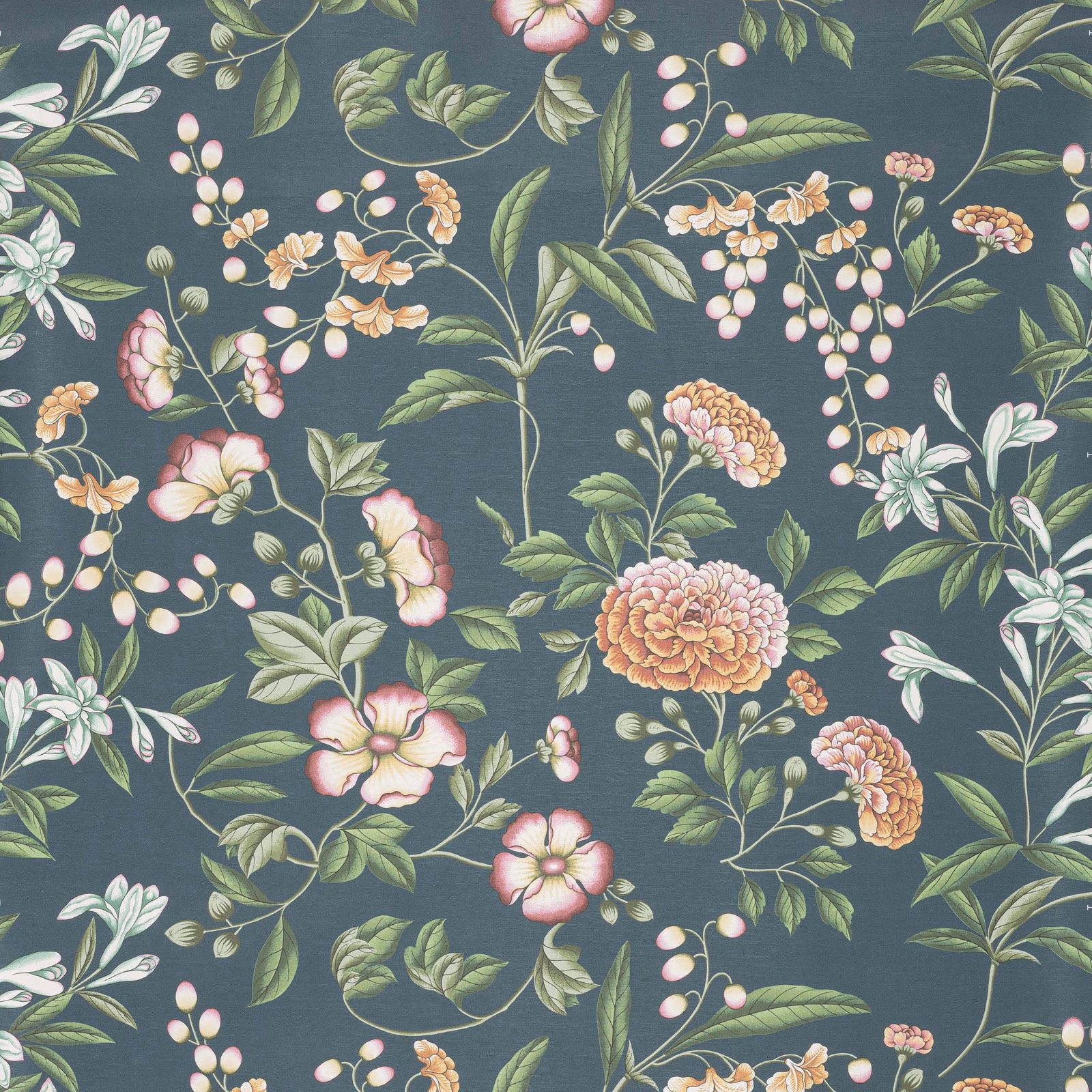 Blue-grey botanical wallpaper with pink flowers, peach blooms and sage foliage