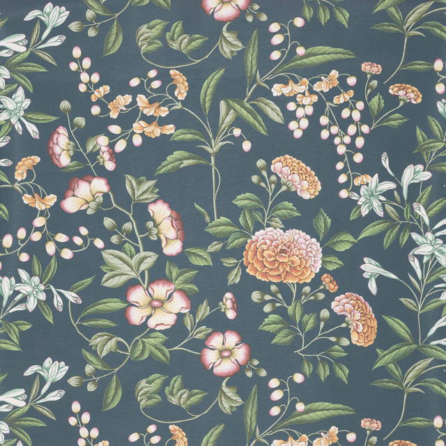 Blue-grey botanical wallpaper with pink flowers, peach blooms and sage foliage