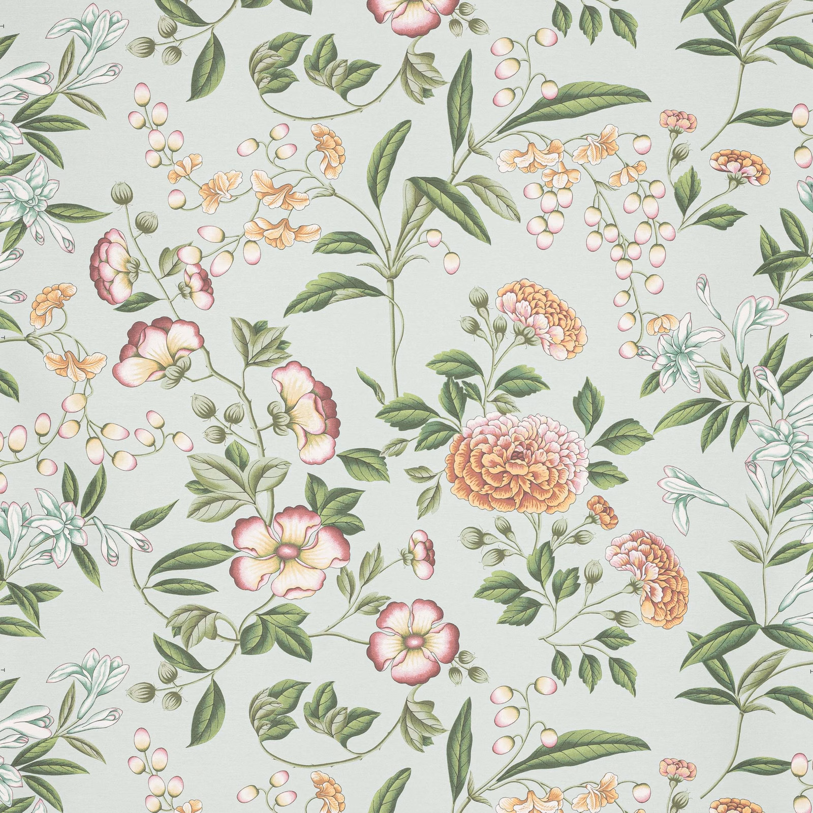 Pale celadon wallpaper with pink peach flowers, green leaves and rounded botanical berries
