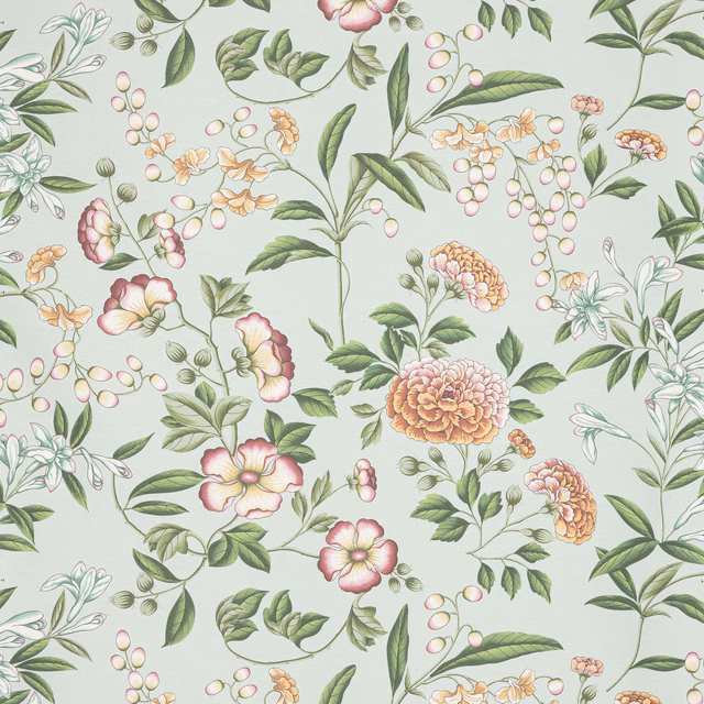 Pale celadon wallpaper with pink peach flowers, green leaves and rounded botanical berries