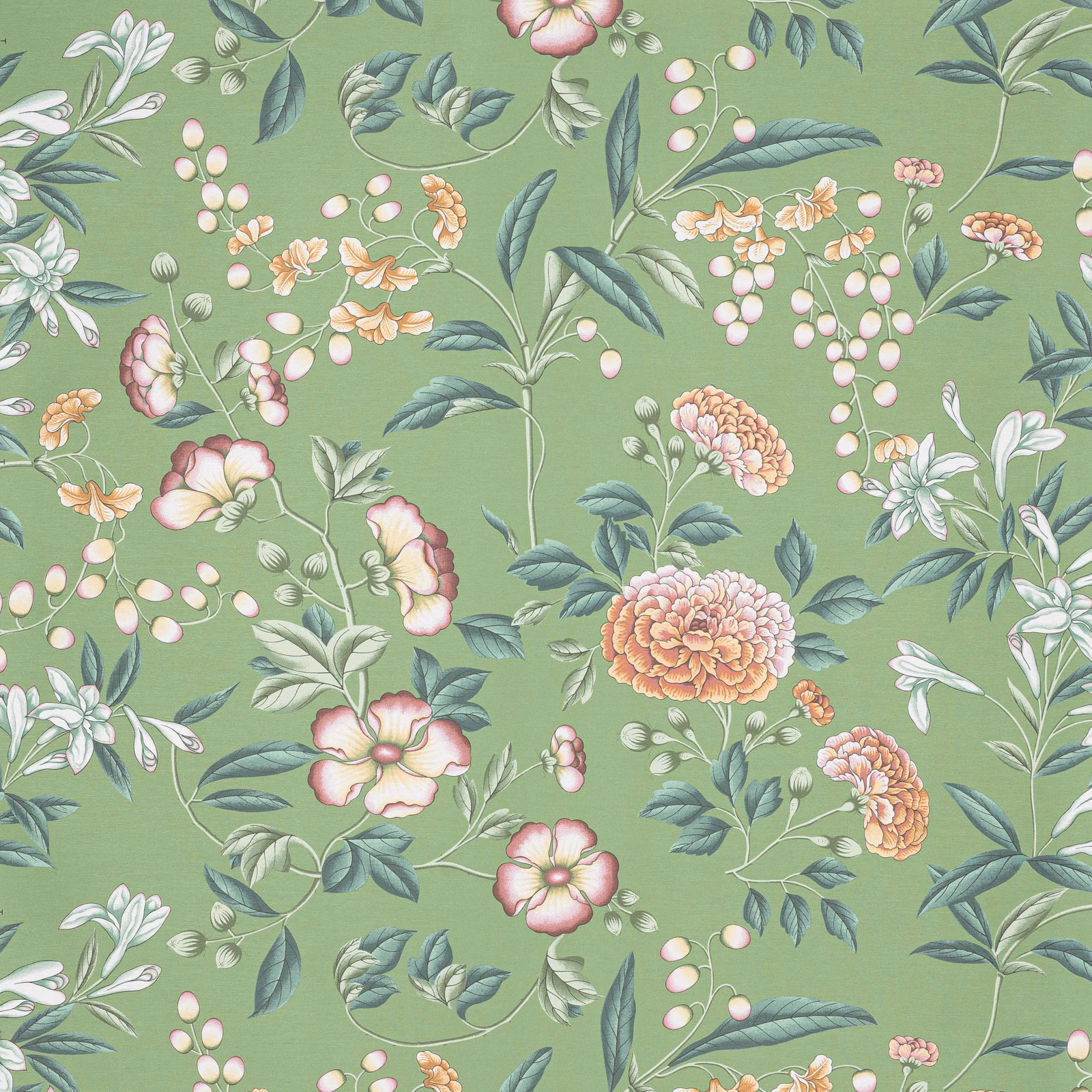 Soft sage wallpaper with peach flowers, cream blossoms and blue-green foliage