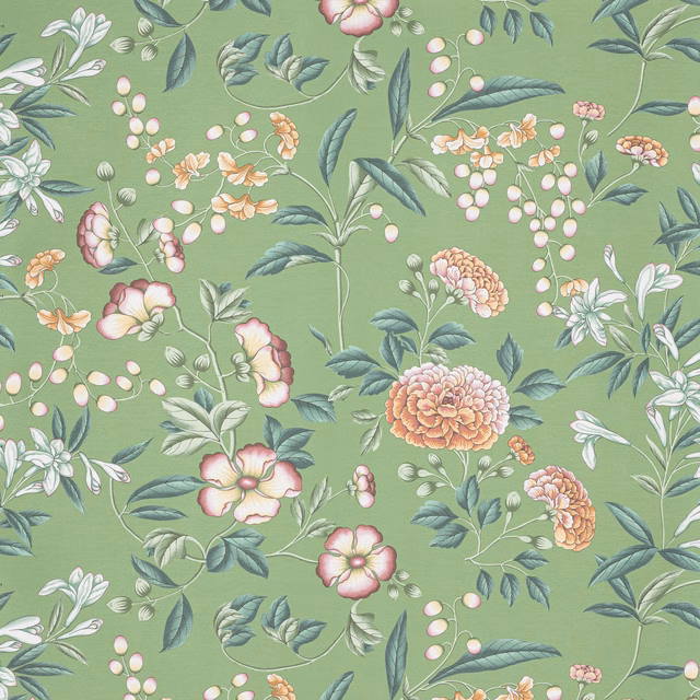 Soft sage wallpaper with peach flowers, cream blossoms and blue-green foliage