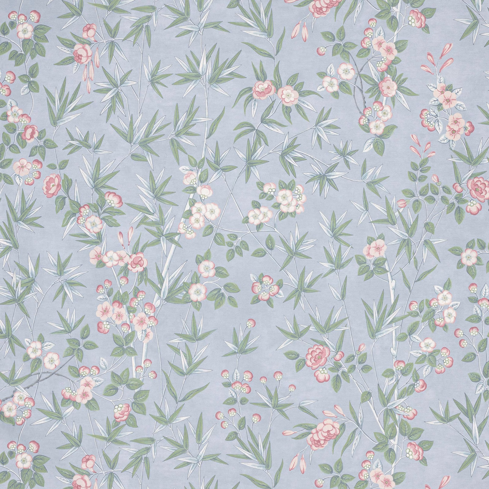 Pale blue-grey wallpaper with pink blossoms, green leaves and slender bamboo-like stems