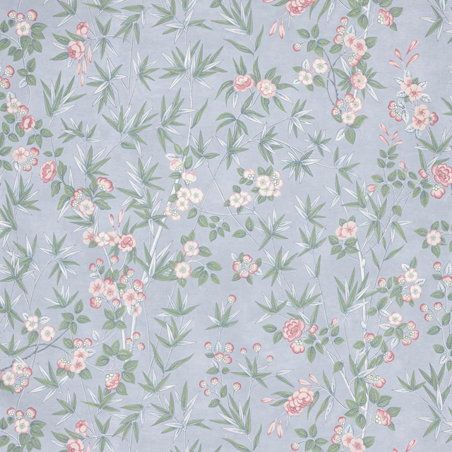 Pale blue-grey wallpaper with pink blossoms, green leaves and slender bamboo-like stems