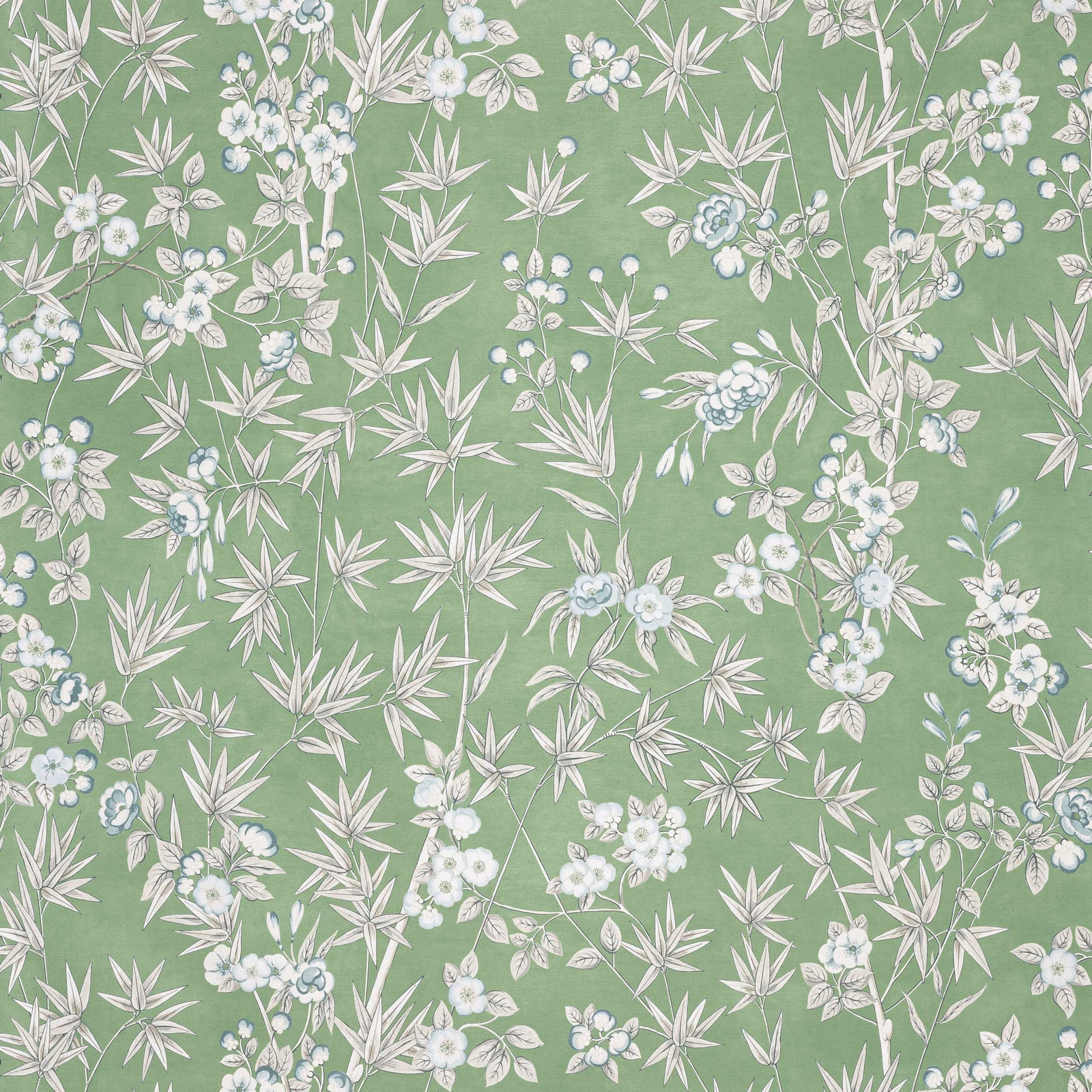 Muted matcha green wallpaper with white blossoms and delicate bamboo-like leaves