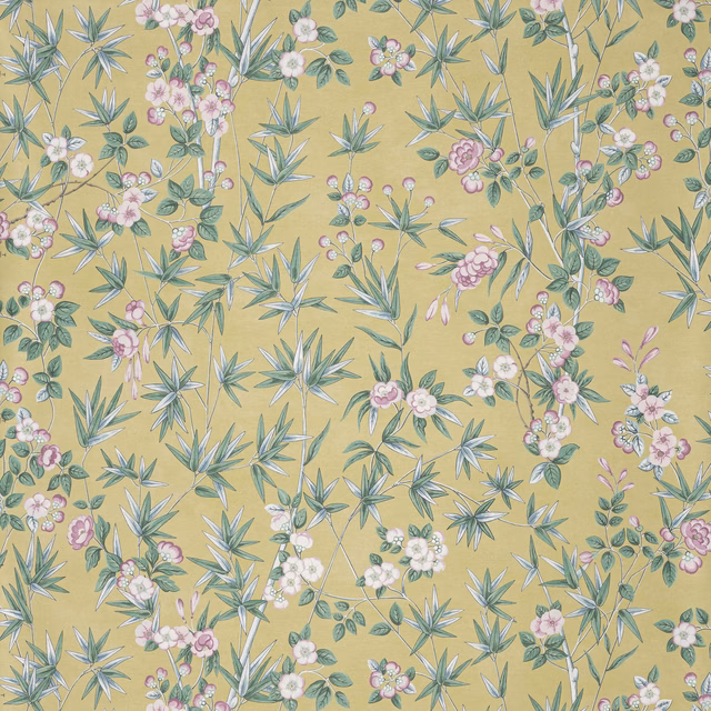 Ochre-gold botanical wallpaper with blue-green leaves and pink-white floral sprays