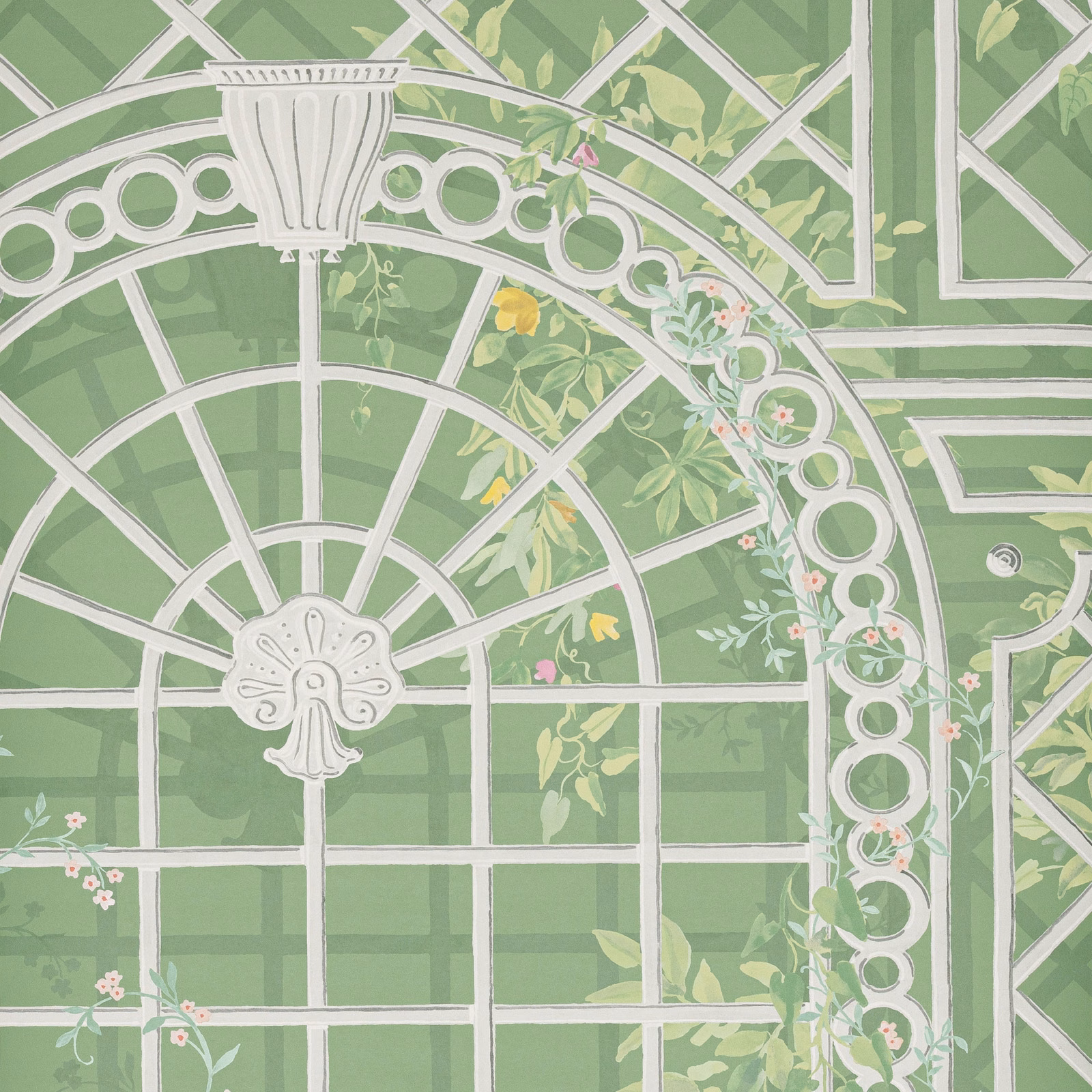 Sage green wallpaper with white conservatory arches, trellis lines and delicate flowers