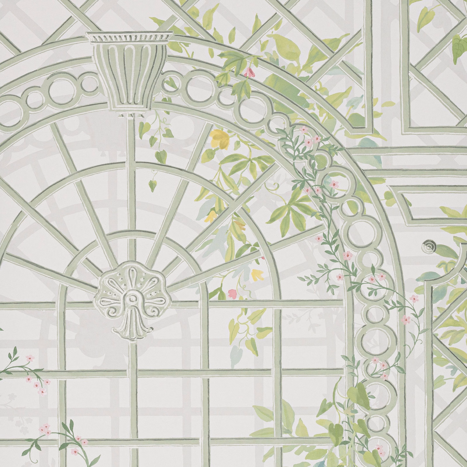 Pale mastic wallpaper showing sage conservatory arches, urns, foliage and pink flower accents.