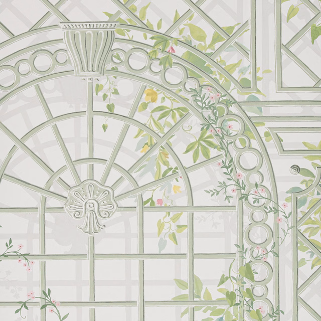 Pale mastic wallpaper showing sage conservatory arches, urns, foliage and pink flower accents.