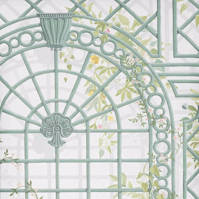 Pale sage conservatory trellis wallpaper with urn, climbing foliage and yellow floral accents