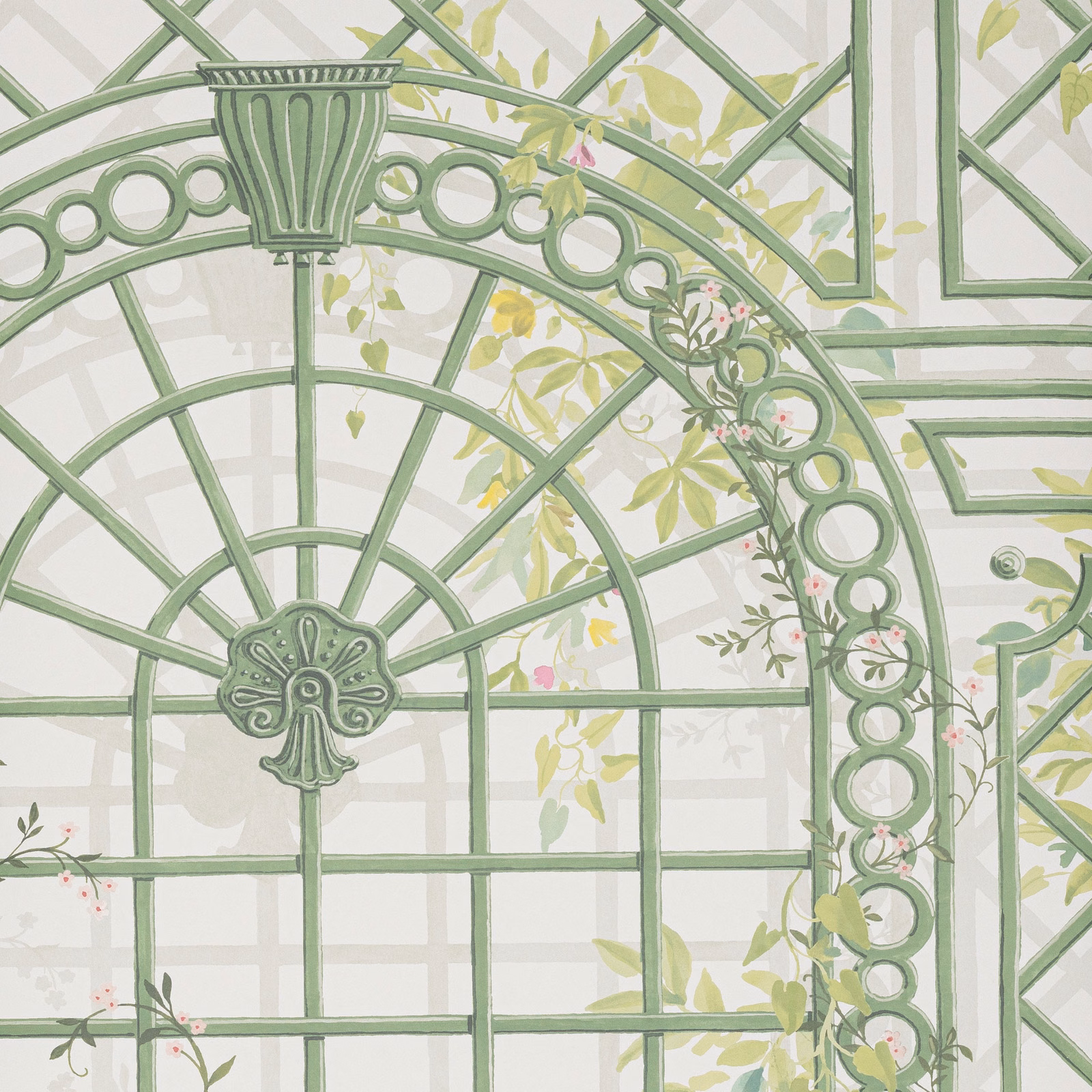 Pale sage conservatory arches with leafy vines, yellow foliage and pink blossoms