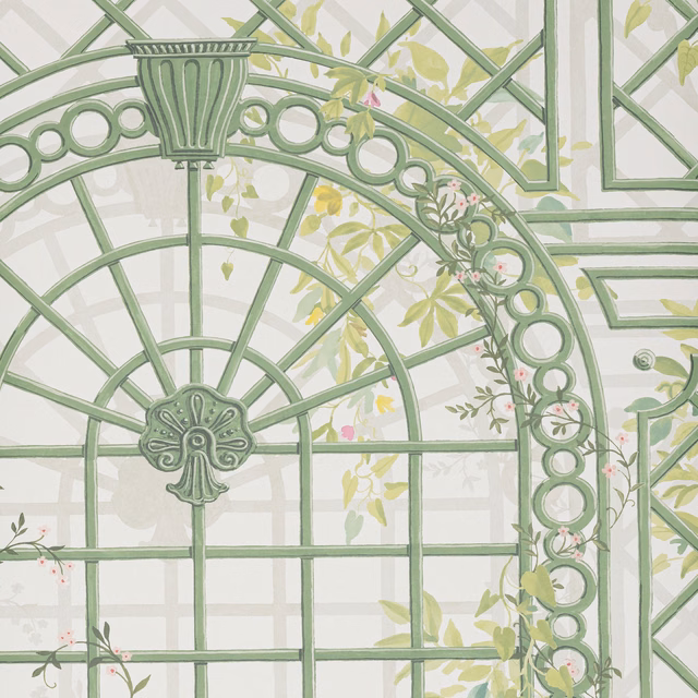 Pale sage conservatory arches with leafy vines, yellow foliage and pink blossoms