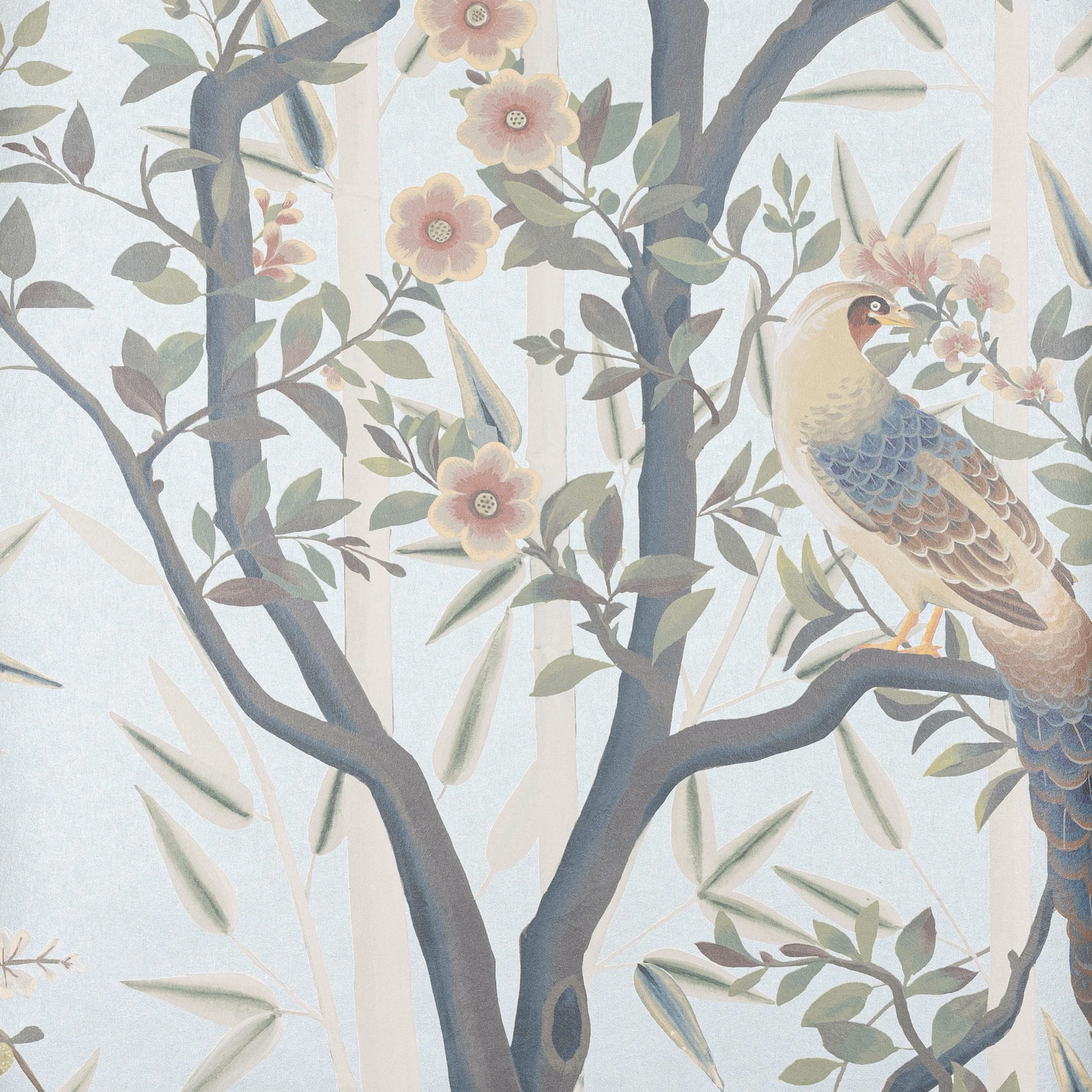 Pale aqua wallpaper with blue-grey branches, blush flowers, sage leaves and a perched bird