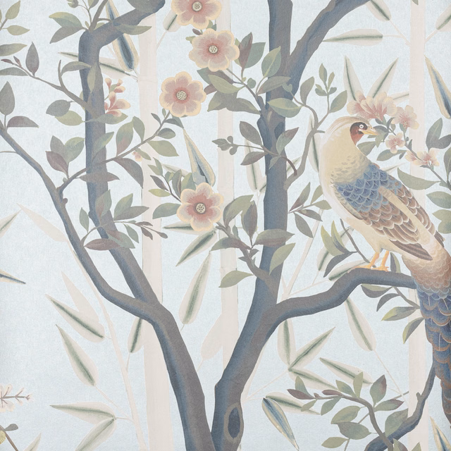 Pale aqua wallpaper with blue-grey branches, blush flowers, sage leaves and a perched bird