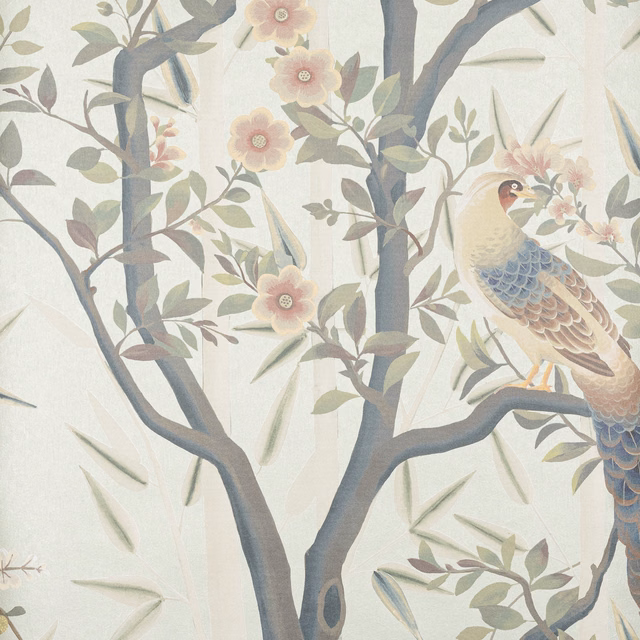 Pale cream wallpaper with blue-grey branches, blush flowers and a perched bird