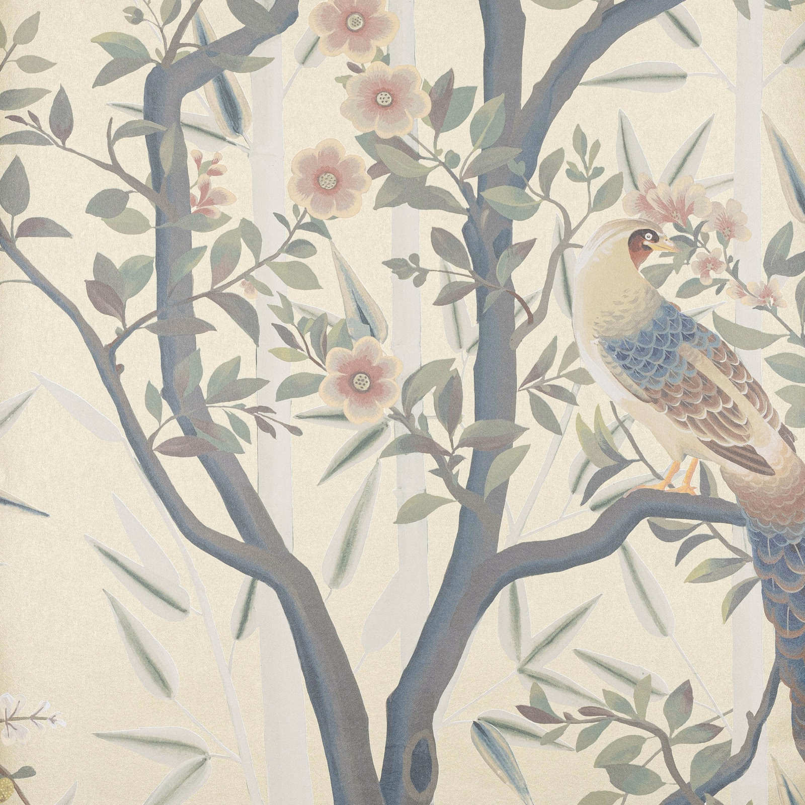 Muted old-gold botanical wallpaper with blue-grey branches, pink flowers and a perched bird