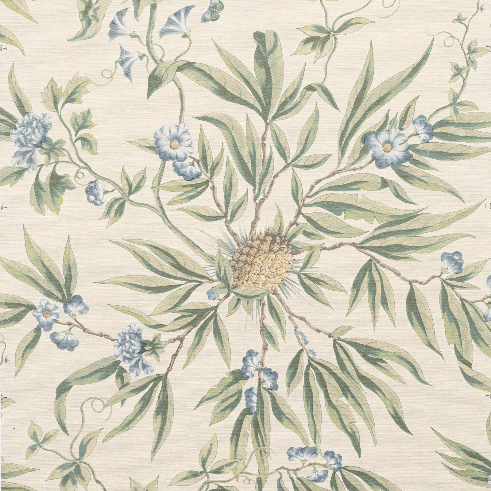 Pale mint wallpaper with sage foliage, blue flowers and a large central bloom