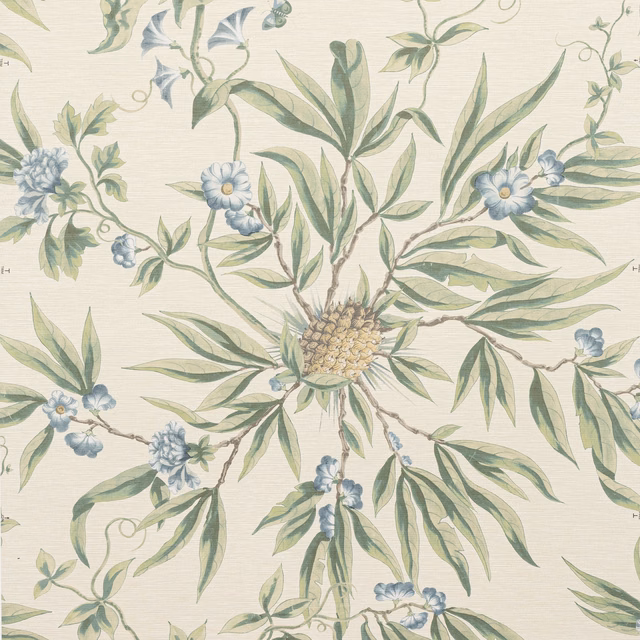 Pale mint wallpaper with sage foliage, blue flowers and a large central bloom