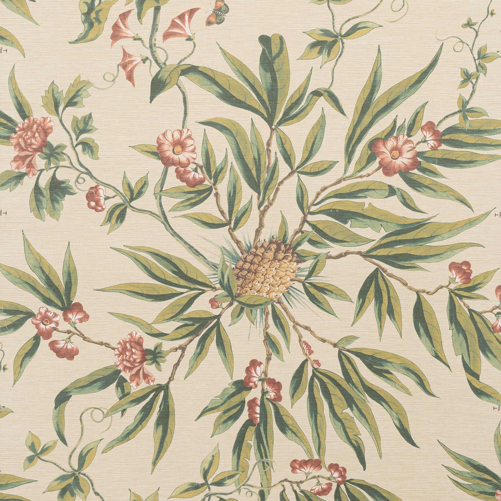 Warm ivory botanical wallpaper with olive leaves, pink flowers and golden central seedhead