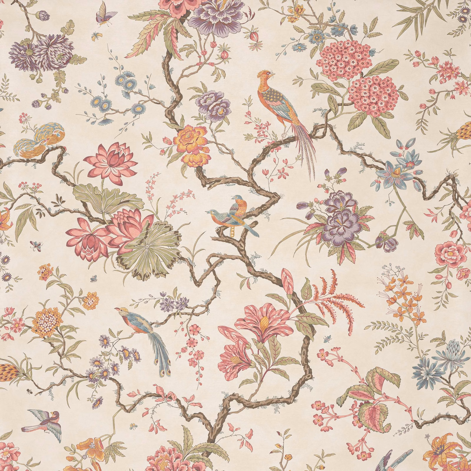 Cream wallpaper with dusty rose flowers, branching trees, and perched chinoiserie birds