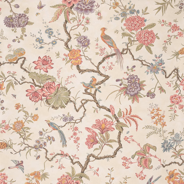 Cream wallpaper with dusty rose flowers, branching trees, and perched chinoiserie birds