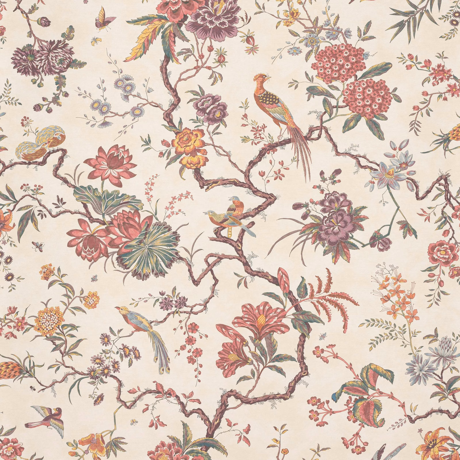 Cream chinoiserie wallcovering with cardinal flowers, birds, branches and plum foliage