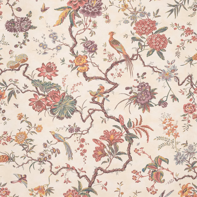 Cream chinoiserie wallcovering with cardinal flowers, birds, branches and plum foliage