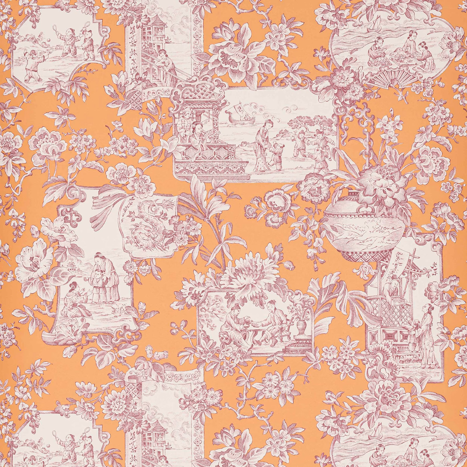 Apricot wallpaper with mauve toile scenes, floral sprays and cream ornamental panels
