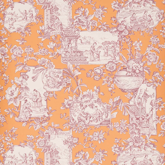 Apricot wallpaper with mauve toile scenes, floral sprays and cream ornamental panels