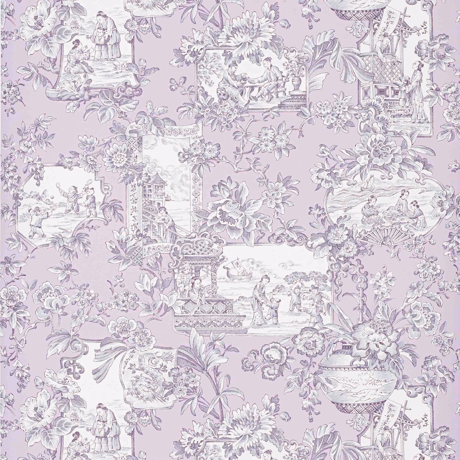 Pale lilac wallpaper with chinoiserie garden scenes, urns and layered floral sprays