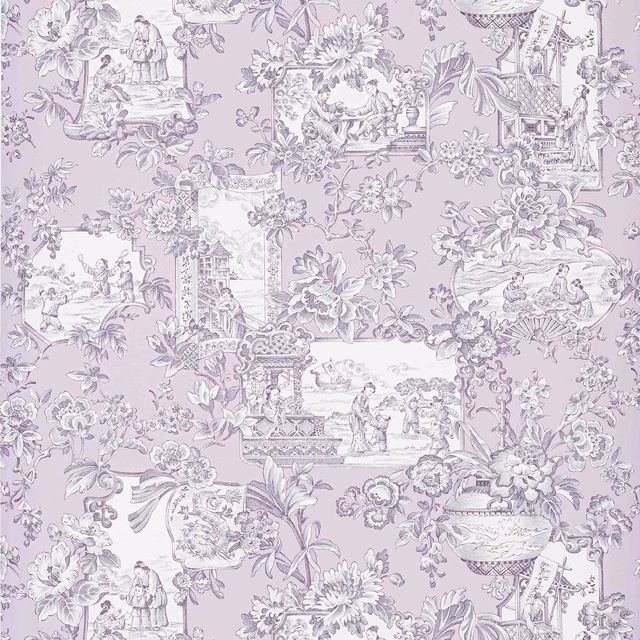 Pale lilac wallpaper with chinoiserie garden scenes, urns and layered floral sprays
