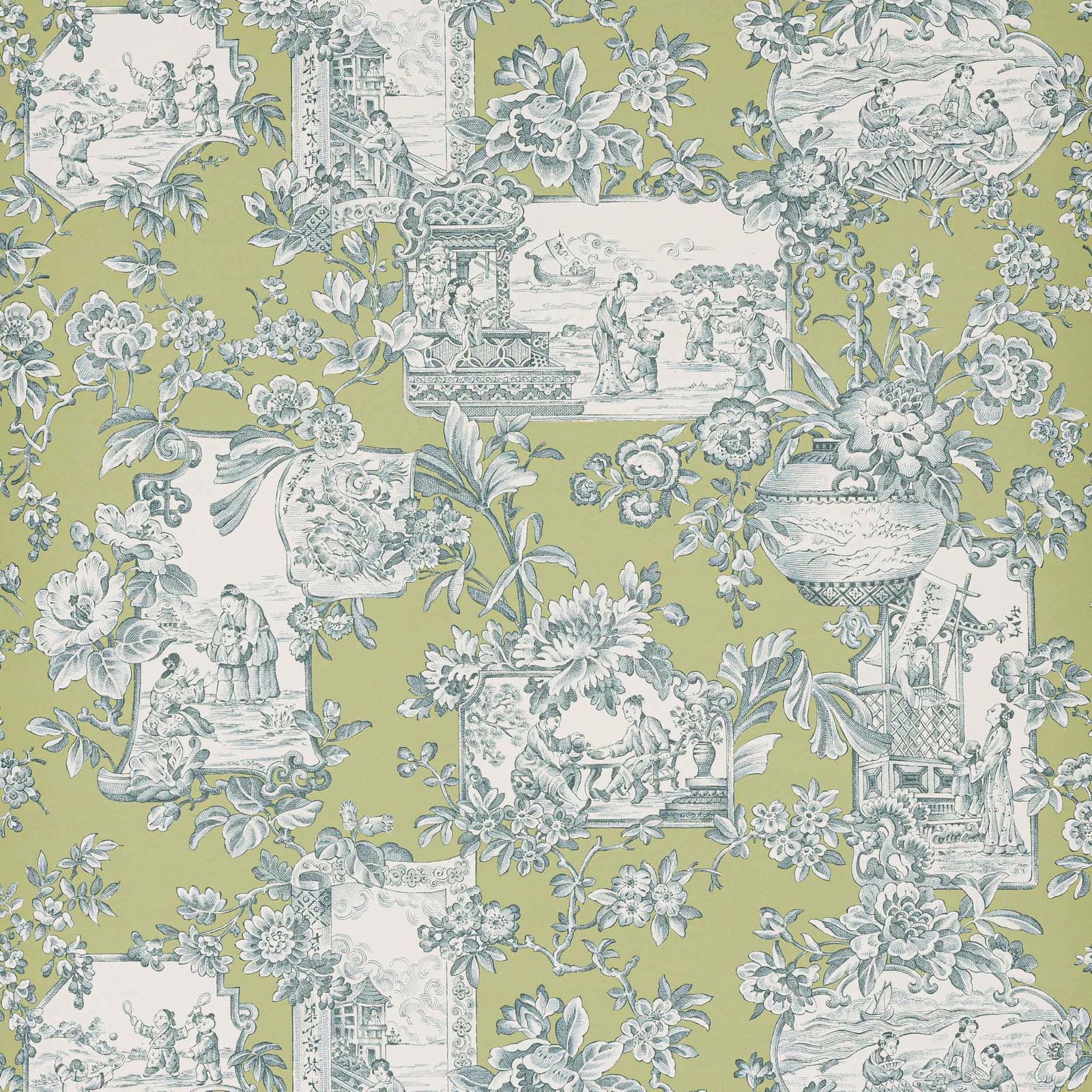 Olive-green wallpaper with pale scenic vignettes, urns, flowers and trailing foliage