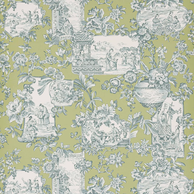 Olive-green wallpaper with pale scenic vignettes, urns, flowers and trailing foliage