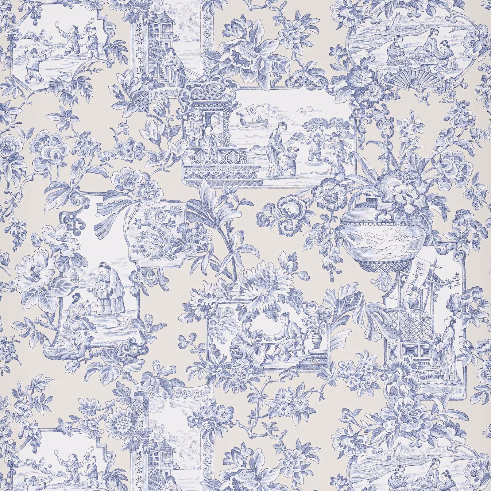 Soft blue and white scenic wallpaper with flowers, pavilions, urns and tiny figures