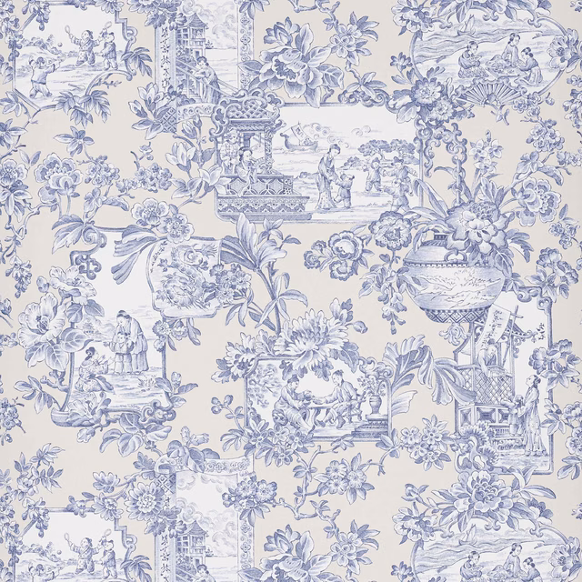 Soft blue and white scenic wallpaper with flowers, pavilions, urns and tiny figures