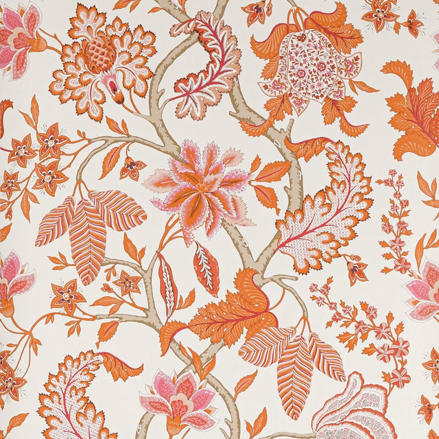 Mandarin orange and coral botanical branches on an ivory Bagatelle wallpaper ground