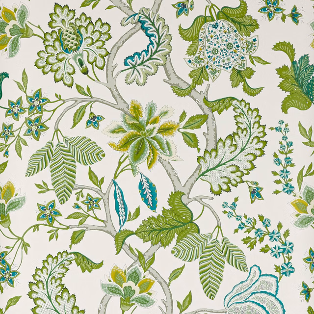 Cream botanical wallpaper with layered green leaves, teal flowers and grey branches
