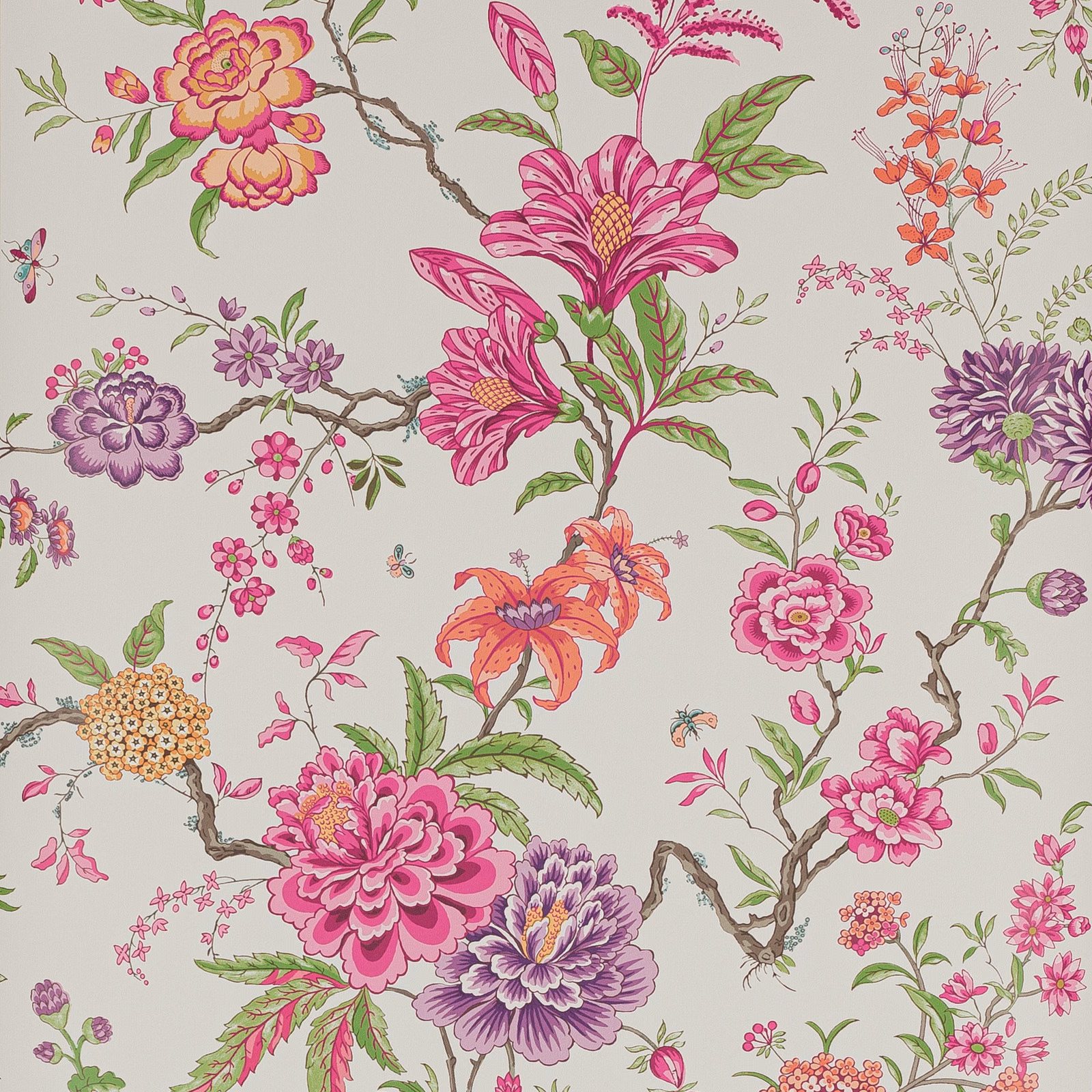 Rose Persan wallpaper with rose, coral and plum flowers on a neutral ground