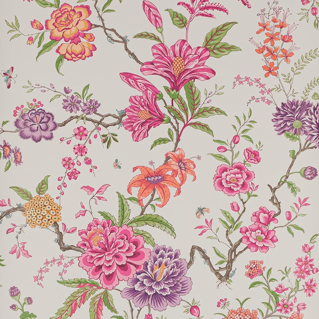 Rose Persan wallpaper with rose, coral and plum flowers on a neutral ground