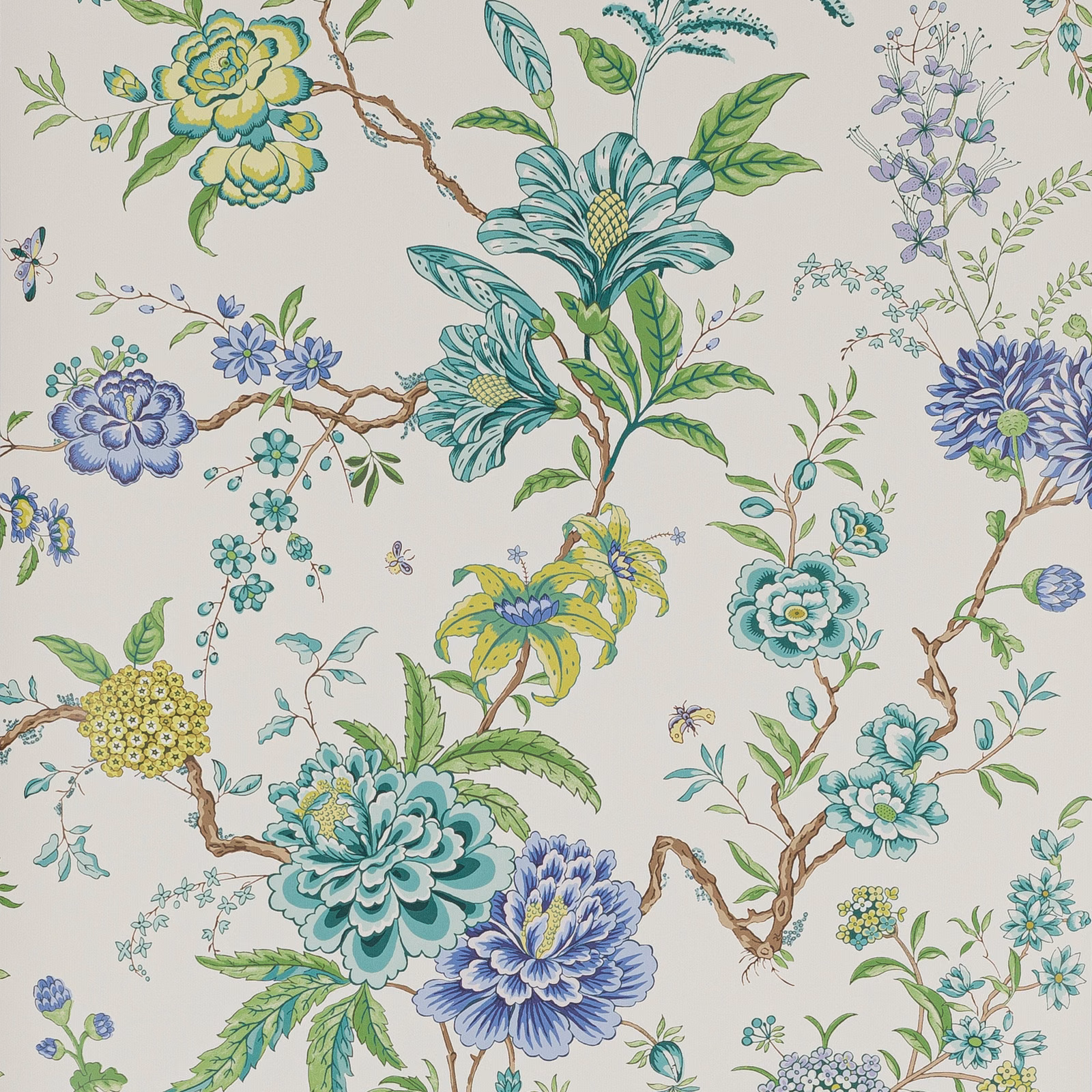Aqua, sage and blue botanical flowers with brown branches on a pale ground