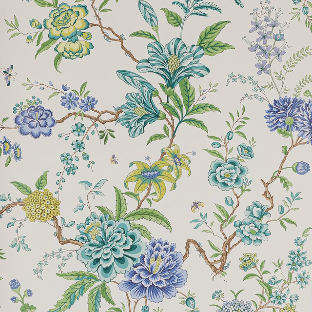 Aqua, sage and blue botanical flowers with brown branches on a pale ground