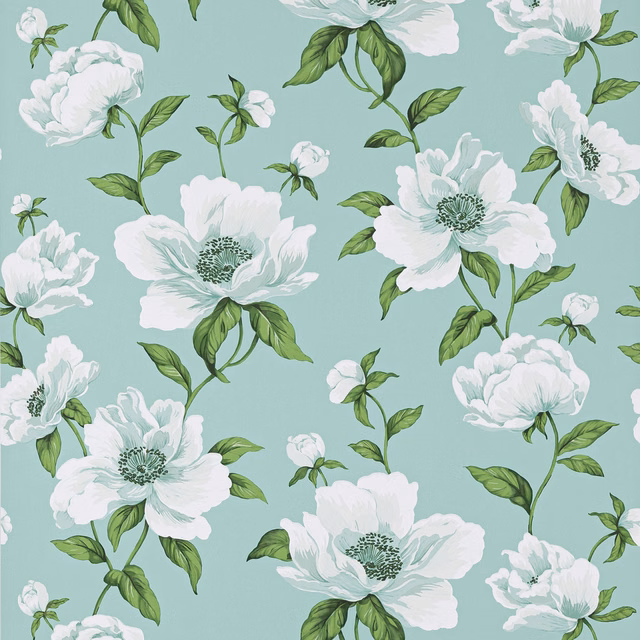 Cool jade wallpaper with large white botanical flowers and layered green leaves
