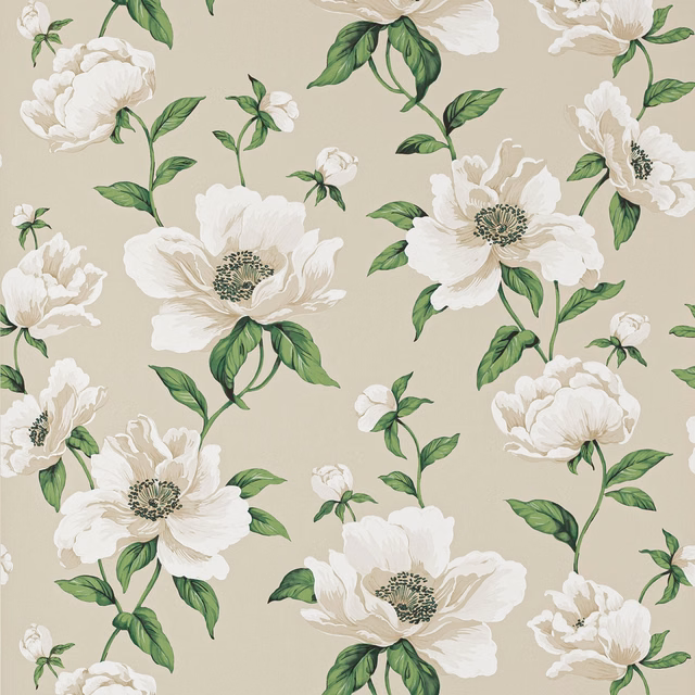 Nacre wallpaper with ivory peonies, green leaves and a warm greige ground