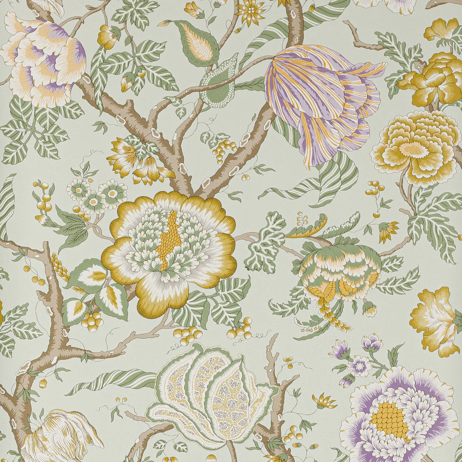 Pale sage wallpaper with lilac blooms, ochre florals, leafy branches and fine botanical detail