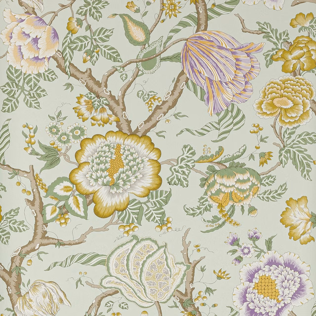 Pale sage wallpaper with lilac blooms, ochre florals, leafy branches and fine botanical detail