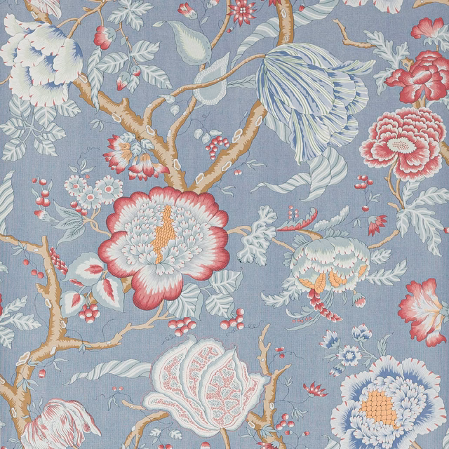 Blue-grey wallpaper with coral peonies, pale leaves and branching chinoiserie detail